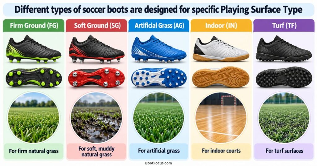 Different types of soccer boots are designed for different playing surfaces