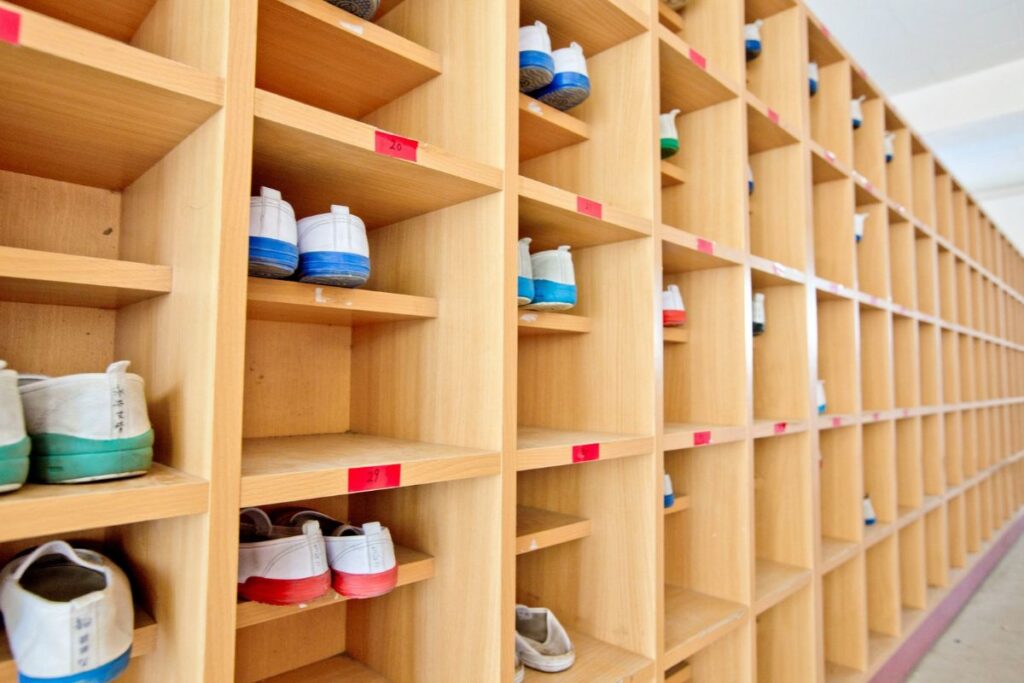 Uwabaki shoes placed neatly inside a Getabako inside a Japanese Elementary School